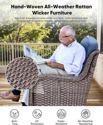 HUMMUH Wicker Patio Furniture Set with Patio Swivel Chairs Set of 4 and 50,000 BTU Fire Pit Table,6 Inch Thick Cushions High Back Outdoor Swivel Rocker Chairs Set for Porch, Balcony, Deck