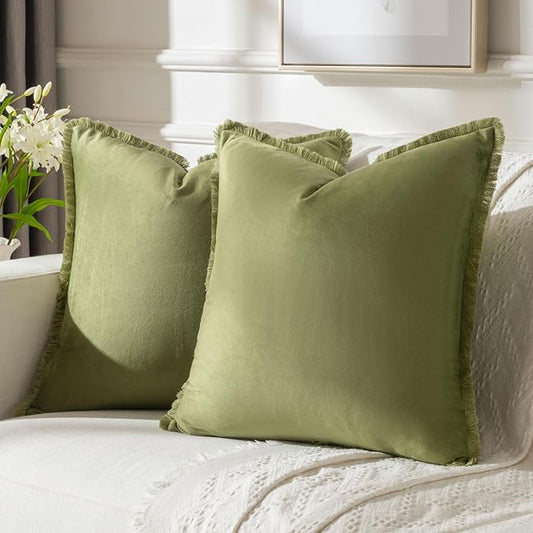 FUTEI Sage Green Velvet Decorative Throw Pillow Covers 16x16 Set of 2,Soft Cozy Edge with Tassels Cushion Case,Boho Modern Home Decor for Couch Bed Living Room