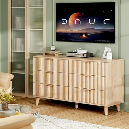 Lulive Dresser for Bedroom Wood Dressers Chest of Drawers, Fluted 53.2" Wide Modern Long Dresser TV Stand 6 Drawers for Bedroom, Closet, Living Room, Hallway (Natural)