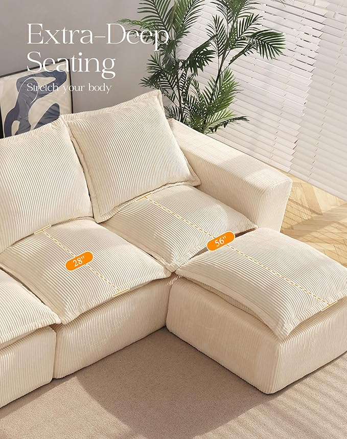 137" Comfy Cloud Couch with U-Shape Chaise & Deep Seat, Modular Sectional Sofa in a Box, Boneless Upholstered Couches for Living Room, No Assembly Required (Soft Corduroy, Beige)