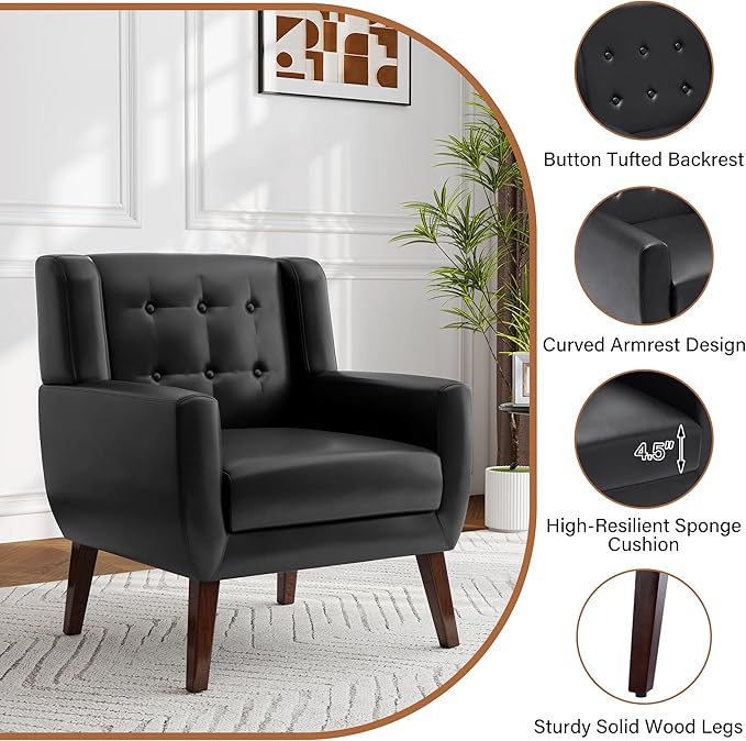 Accent Chair, Modern Faux Leather Armchair for Living Room, Comfy Upholstered Arm Chair Tufted for Indoor Bedroom Office Room (P Black)