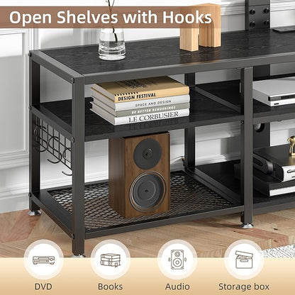 VECELO 63" TV Stand with Mount and Power Outlets, Entertainment Center Console with Open Storage Shelves, Height Adjustable Mount up to 75”, Wooden Table and Metal Frame for Living Room, Modern Black