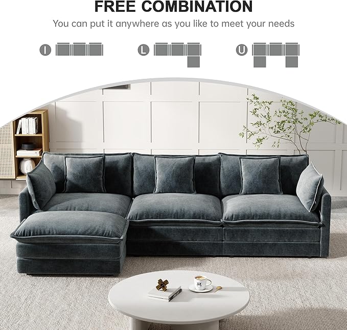 Modular Sectional Sofa, 111.5 Inch L-Shaped Cloud Sofa with Deep Seat Chenille Sofa with Cushions, Three-Self Sectional Sofa for Living Room Apartment,Gray