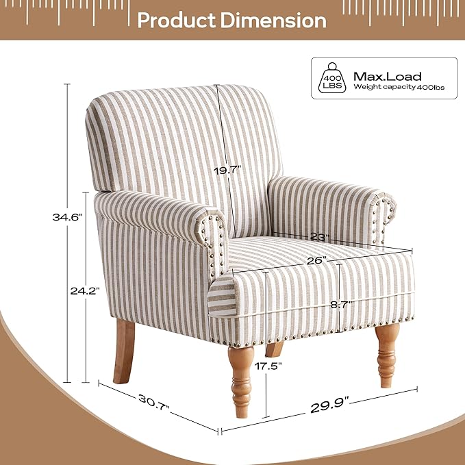 HUIMO Linen Fabric Accent Chairs Set of 2, Mid-Century Modern Armchair with Solid Wood Legs, Single Sofa Chair,Upholstered Reading Club Chair (2, Brown and White Stripe)