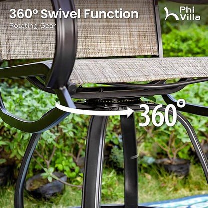 PHI Villa Outdoor Swivel Bar Stools Set of 6, Counter Height Patio Chairs with Waterproof Textile Fabric Brown, Rustproof Metal Frame & Circular Footrest for Poolside, Garden, Yard