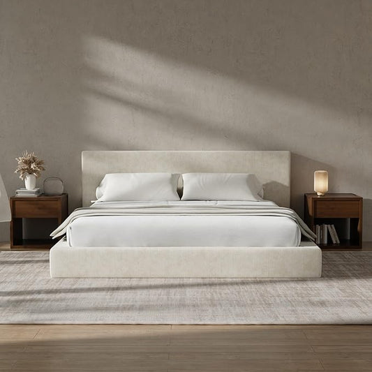 RECCI Cloud Upholstered King Bed Frame with Headboard, 5 Inch Foam Padded Platform, No Box Spring, Easy Assembly (Cream)