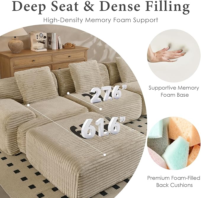 VK·LIVING 113" Cloud Sectional Couch, 61.6" Deep Seat Boneless Modular Sofa with Wide Armrests, Plush Corduroy Memory Foam Couch for Living Room, No Assembly, Sage Green