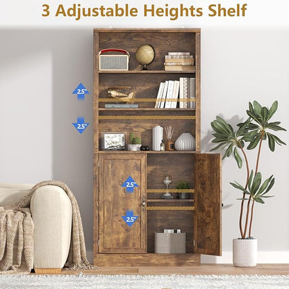 72'' Tall Bookcase with Doors, Adjustable Shelves, P2 MDF Construction, 32'' Wide Freestanding Cabinet with Metal Handles, Hidden Storage for Living Room, Bedroom, Brown