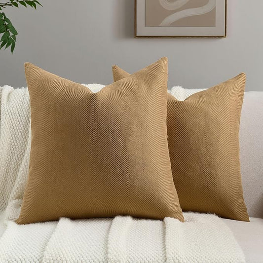 FUTEI Camel Chenille Throw Pillow Covers 26x26 Inch Set of 2,Soft Wide Chevron Textured Euro Pillow Shams,Farmhouse Home Decor for Couch Bed Living Room