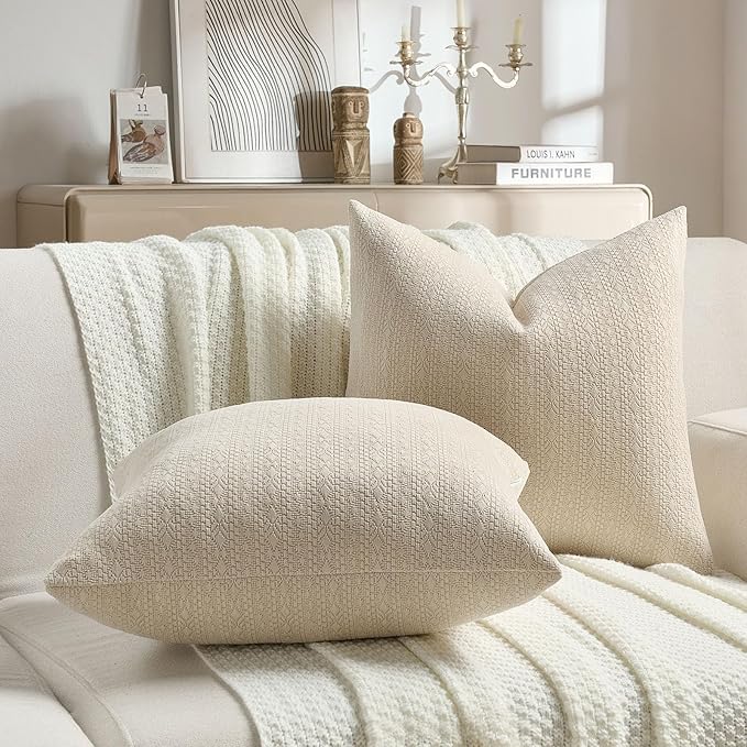 FUTEI Beige Chenille Throw Pillow Covers 20x20 Inch Set of 2,Soft Striped & Diamond Textured Cushion Cases,Modern Home Decor for Couch Living Room