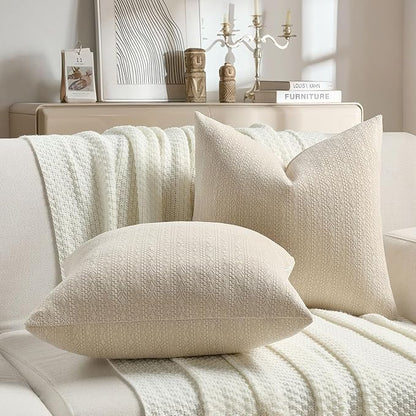 FUTEI Beige Chenille Throw Pillow Covers 24x24 Inch Set of 2,Soft Striped & Diamond Textured European Cushion Cases,Modern Home Decor for Couch Living Room