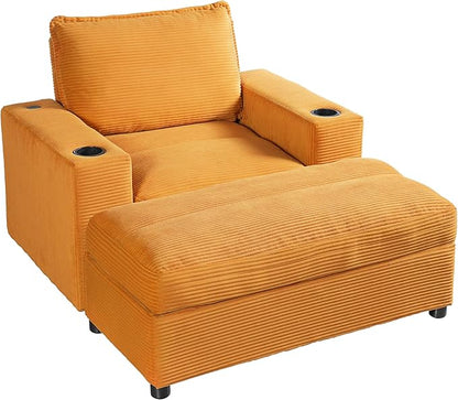 Christopher Knight Home Zoe Oversized Chaise Lounge Chair Indoor with Cup Holders & USB Charging Port, Corduroy Upholstered Sofa Bed + Ottoman with Storage, Comfy Deep Seat Sleeper Sofa Chair, Yellow