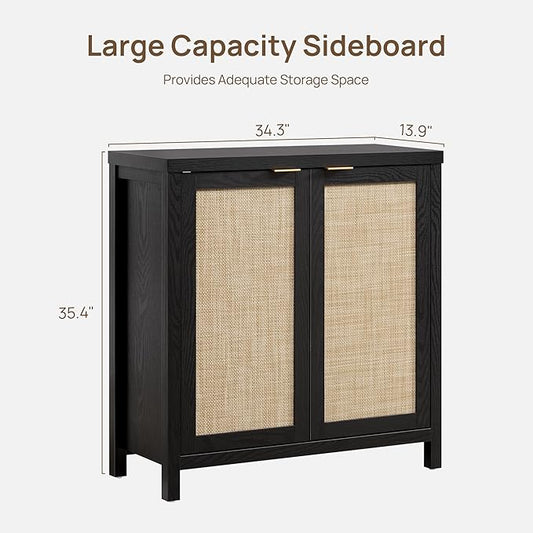SICOTAS Rattan Sideboard Buffet Storage Cabinet - Boho Credenza Coffee Bar Cabinet with Large Storage, Buffet Console Table for Kitchen Living Room Entryway - Black