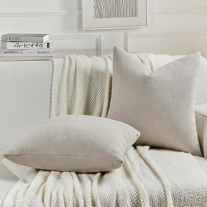 FUTEI Oatmeal Chenille Decorative Throw Pillow Covers 22x22 Inch Set of 2,Soft Cozy Faux Linen Textured Cushion Case,Farmhouse Home Decor for Couch Living Room