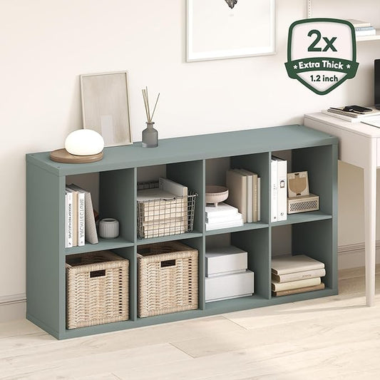 Furinno Cubicle Book Shelf, 8-Cube Thick Frame Bookshelf, Horizontally & Vertically Reversible Bookcase with Open Back, 14.6" x 30" x 57.9", for Living Room, Bedroom, Home Office, Sage Green