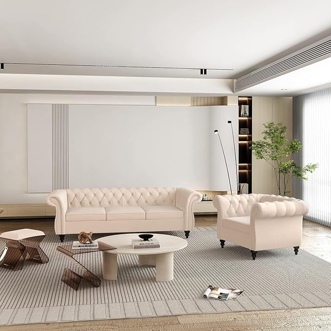 Living Room Chair, Modern Velvet Chesterfield Sofa Chair, Mid Century Single Sofa Couch Chair with Tufted Back and Rolled Arms, Accent Sofa Chair for Living Room Apartment, Beige