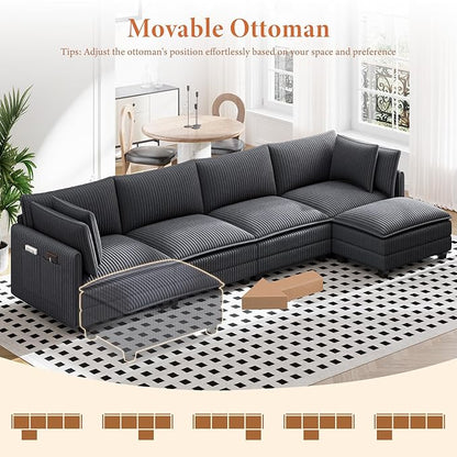 Vesgantti 143" L Shaped Modular Sectional Couch, Comfy Corduroy Upholstered Cloud Couches for Living Room, Modern 3 Seater Sofa with Movable Ottoman & Throw Pillows, Charcoal Grey