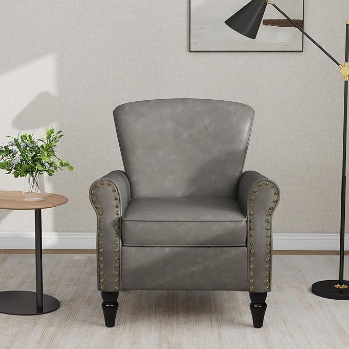 Accent Chair, Mid Century Modern Faux Leather Arm Chair with Wood Leg for Living Room, Bedroom, Comfy PU Leather Club Reading Chairs with Wingback & Nailhead Trim (Leather Grey, Set of 1)