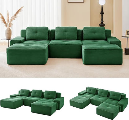 115.3” Green Boneless Couches for Living Room, Modular Sectional Sofa with U-Shape Chaise, 3 Seater Comfy Upholstered Deep Seat Corduroy Fabric Cloud Couch No Assembly, Anti-Slip Design