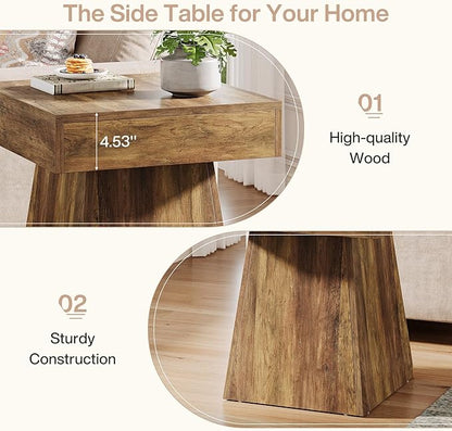 Tribesigns Small End Table Set of 2, Rustic Square Side Table with Wide Base, Farmhouse Small Nightstand Beside Bed, Next to Armchair, for Living Room, Brown