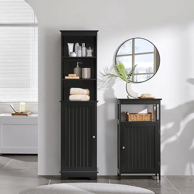 Yaheetech 60.5" Freestanding Bathroom Storage Cabinet, Tall Slim Floor Cabinet with 3 Shelves & Door, Space Saving Organizer, Home Storage Furniture, Black
