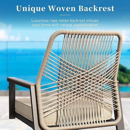 Patio Dining Chairs Set of 2, Heavy-Duty Woven Rope Outdoor Chairs with Waterproof Cushion and Wrought Iron Frame, All-Weather Outside Seating for Kitchen Garden Deck Backyard