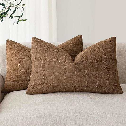 Foindtower Set of 2 Decorative Linen Check Throw Pillow Covers Neutral Farmhouse Lumbar Cushion Covers Modern Boho Home Decor for Sofa Chair Couch Bedroom Living Room,12×20 Inch,Brown Hazel