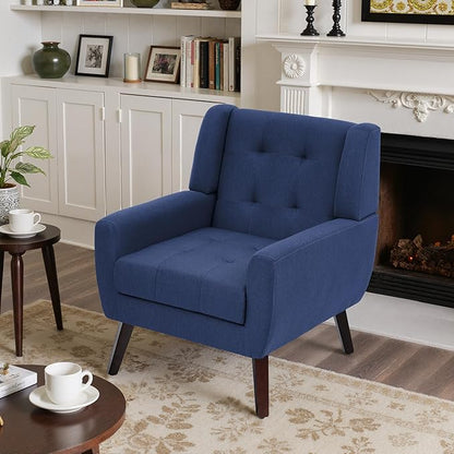 Accent Chair, Mid-Century Modern Upholstered Armchair, Comfy Fabric Living Room Chairs Reading Chairs with Button Tufted Back & Solid Wood Legs for Bedroom, Office, Blue