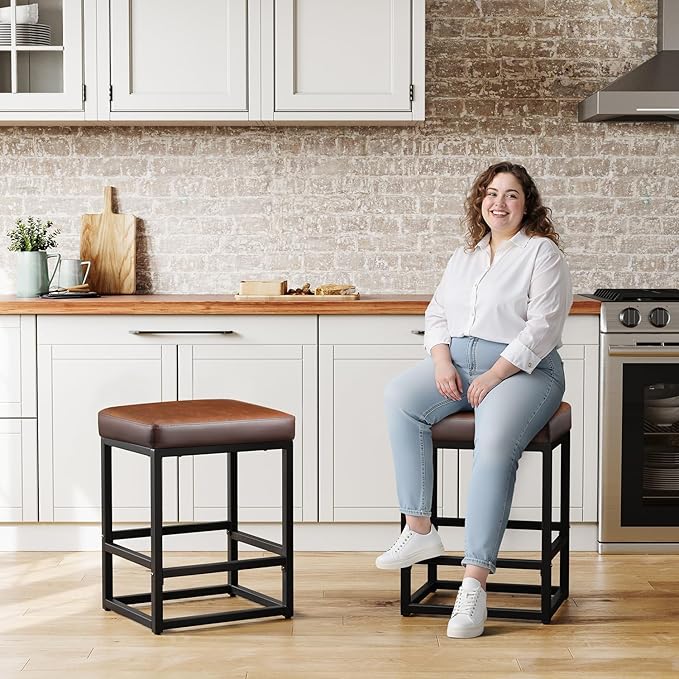 Counter Height Bar Stools Set of 3, 24" Barstools for Kitchen Countertop, Faux Leather Counter Stools with Thick Square Seats & Sturdy Metal Base, Simple Assembly, Brown
