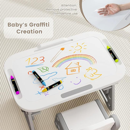 INFANS Kids Adjustable Table & Chair Set with Drawing Board for 3+, Toddler Activity Desk for Drawing with Storage Shelf, Non-Slip Pads, Watercolor Pens & Eraser, Indoor Art/Study Furniture (Grey)