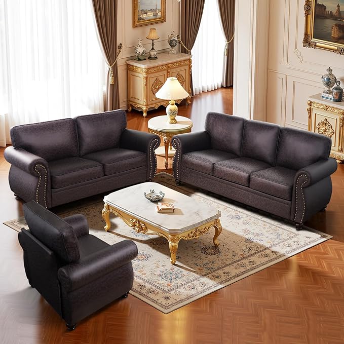Mid-Century Vintage Sofa Couches with Rivet Design,loveseat Sofa,Removable Sofa Cover Upholstered Cushions and Solid Wood Frame (Brown, Loveseat)