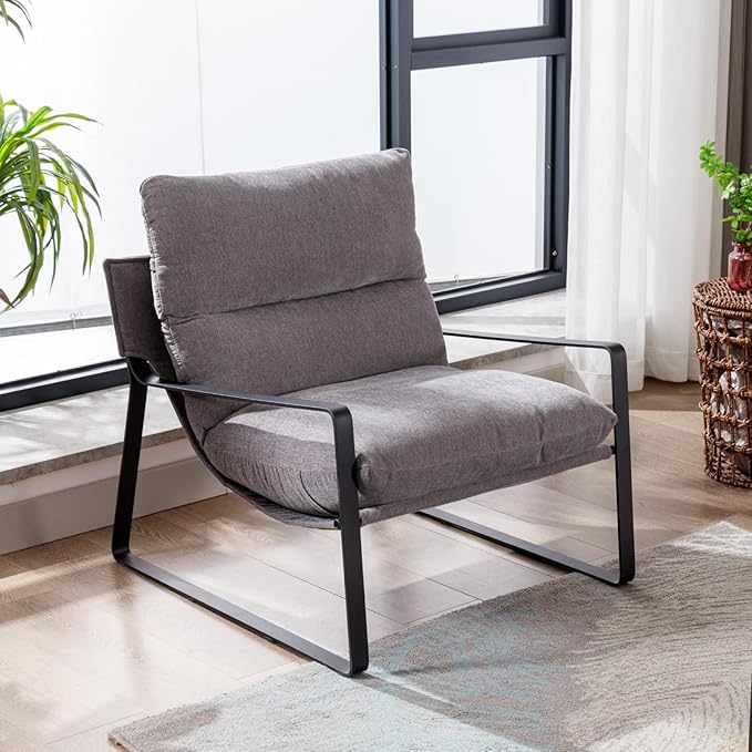 LukeAlon Modern Linen Accent Armchairs Set of 2, Upholstered Living Room Chairs with Metal Base Thickened Cushion Single Sofa Chairs Comfy Lounge Chairs for Bedroom Living Room, Grey