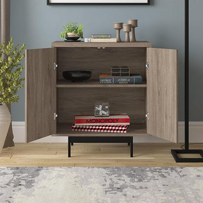 Henn&Hart 28" Fluted Wooden Accent Cabinet, Modern Ribbed Sideboard Buffet Cabinet with 2 Doors and an Adjustable Shelf for Living Room, Dining Room, Bedroom or Entryway, Antiqued Gray Oak