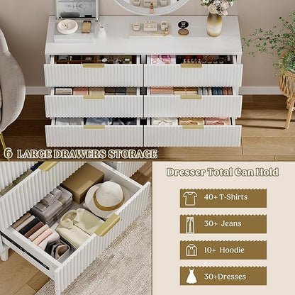 Lulive White Dresser for Bedroom Wood Dressers Chest of Drawers, Fluted 53.2" Wide Modern Long Dresser TV Stand 6 Drawers for Bedroom, Closet, Living Room, Hallway (White)