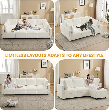 Modular Sectional Cloud Sofa Bed, 6-Seater Convertible Sofa Couch with Ottoman, Modern Deep Seat Sleeper Sofa for Living Room, Chenille Beige