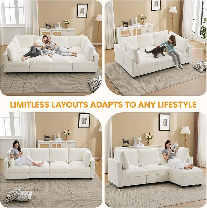 4-Seater Modular Sectional Cloud Sofa with Ottoman, Convertible L-Shaped Couch for Living Room, Modern Deep Seat Modular Sofa, Chenille Beige