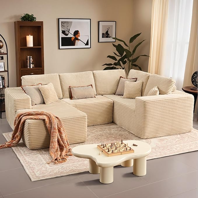 Weaxty Cloud Sectional Couch for Living Room, Oversized U Shaped Boneless Couches with Chaise, Plush Corduroy Memory Foam Deep Seat Floor Sofa, No Assembly Required，Beige