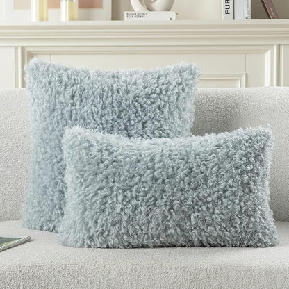 FUTEI Light Blue Decorative Throw Pillow Covers 16x16 Inch Set of 2,Soft Fluffy Faux Wool Fur Boucle Textured Cushion Case,Modern Home Decor for Couch Bed Living Room Office