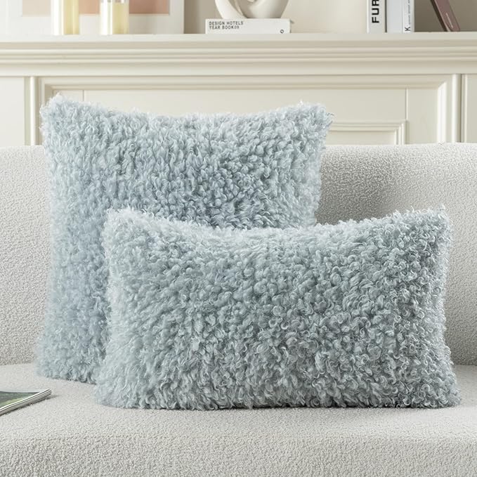 FUTEI Light Blue Decorative Throw Pillow Covers 20x20 Inch Set of 2,Soft Fluffy Faux Wool Fur Boucle Textured Cushion Case,Modern Home Decor for Couch Bed Living Room Office