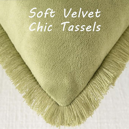 FUTEI Sage Green Velvet Decorative Throw Pillow Covers 16x16 Set of 2,Soft Cozy Edge with Tassels Cushion Case,Boho Modern Home Decor for Couch Bed Living Room