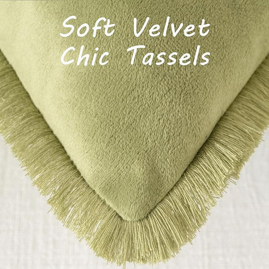 FUTEI Sage Green Velvet Decorative Throw Pillow Covers 20x20 Set of 2,Soft Cozy Edge with Tassels Cushion Case,Boho Modern Home Decor for Couch Bed Living Room