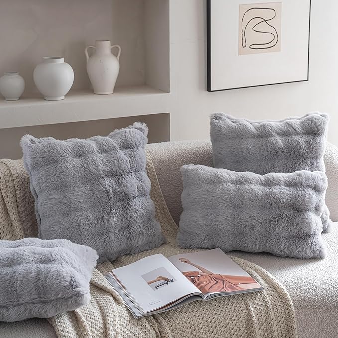 Neelvin Gray Faux Fur Cozy Soft Double-Sided Decorative Throw Pillow Covers 24x24 inch Set of 2,Velvet Pillowcase Cushion Case for Sofa Couch