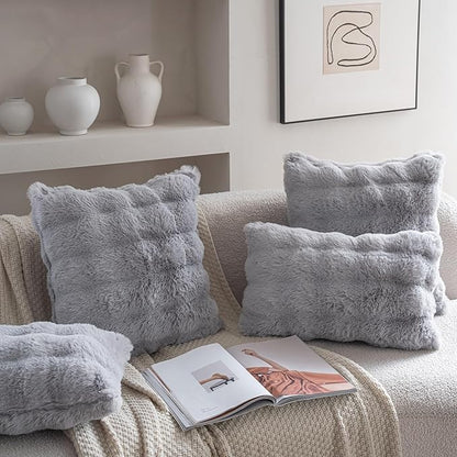 Neelvin Gray Faux Fur Cozy Soft Double-Sided Decorative Throw Pillow Covers 24x24 inch Set of 2,Velvet Pillowcase Cushion Case for Sofa Couch