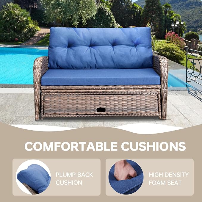 Patio Rattan Daybed, Wicker Recliner Loveseat for Two with Multifunctional Recliner and Stowable Side Tray, 5 Level Adjustable Backrest (Brown Wicker/Blue Cushion)