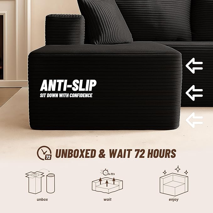 107" Boneless Couch with Deep Seat, Modular Sectional Sofa, Cloud Sectional Couch for Living Room, No Assembly Required, Corduroy, L-Shape Right，Black