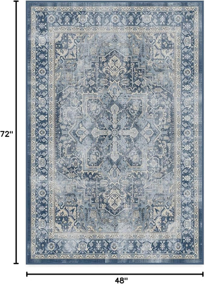 RUGGABLE Washable Vintage Area Rug – Kamran Admiral Blue 4x6, Stain-Resistant, Non-Slip – Medium Machine Washable Rugs for Living Room, Bedroom, Hallway, Entryway & Office–with Standard Pad