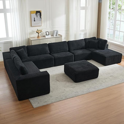 Modular Sectional Cloud Couch for Living Room,Modern Boneless Couche Set with Plush Corduroy,Comfy Floor Sofa with Memory Foam,Stupendous U Shaped Sofa with Ottoman,No Assembly Required,Black