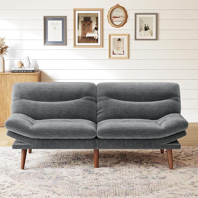 Marsail 75" Futon Sofa Bed, Futon Couch with Adjustable Backrest & Armrests, Convertible Sleeper Sofa Bed for Apartment, Living Room, Office, Corduroy Loveseat, Dark Grey
