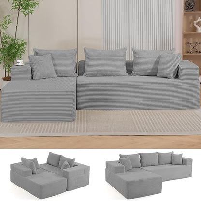 105" Cloud Sectional Couch, Modular Sectional Sofa with L-Shape Chaise, Corduroy Boneless Couches for Living Room, No Assembly, Grey