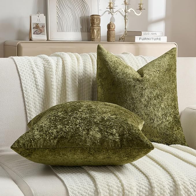 FUTEI Moss Green Flannel Throw Pillow Covers 24x24 Inch Set of 2,Soft Dimensional Textured European Cushion Cases,Modern Home Decor for Couch Living Room